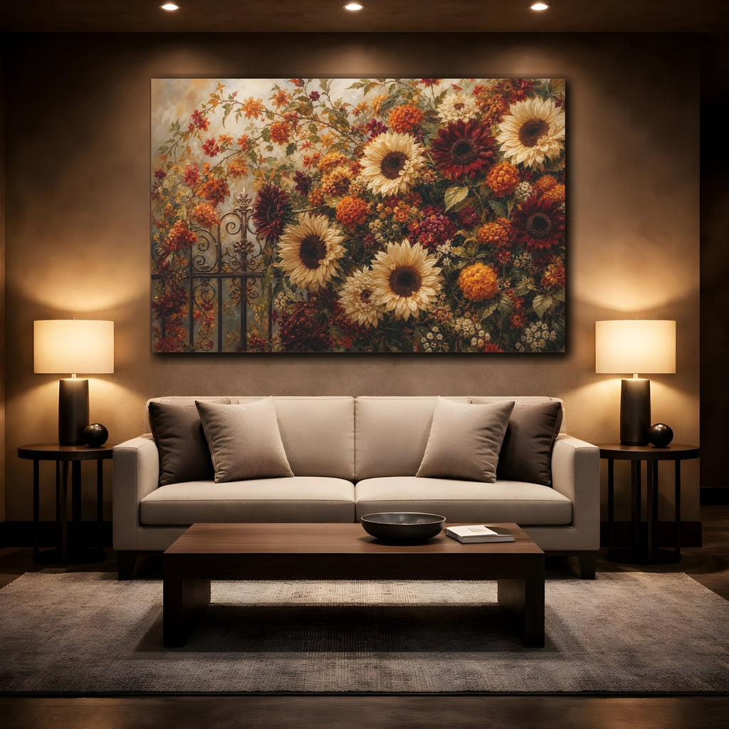 Mockup 2. Romantic Oil Painting Mixed Burgundy And Cream Sunflowers Marigolds Near Iron Gate shown as stretched canvas wall art
