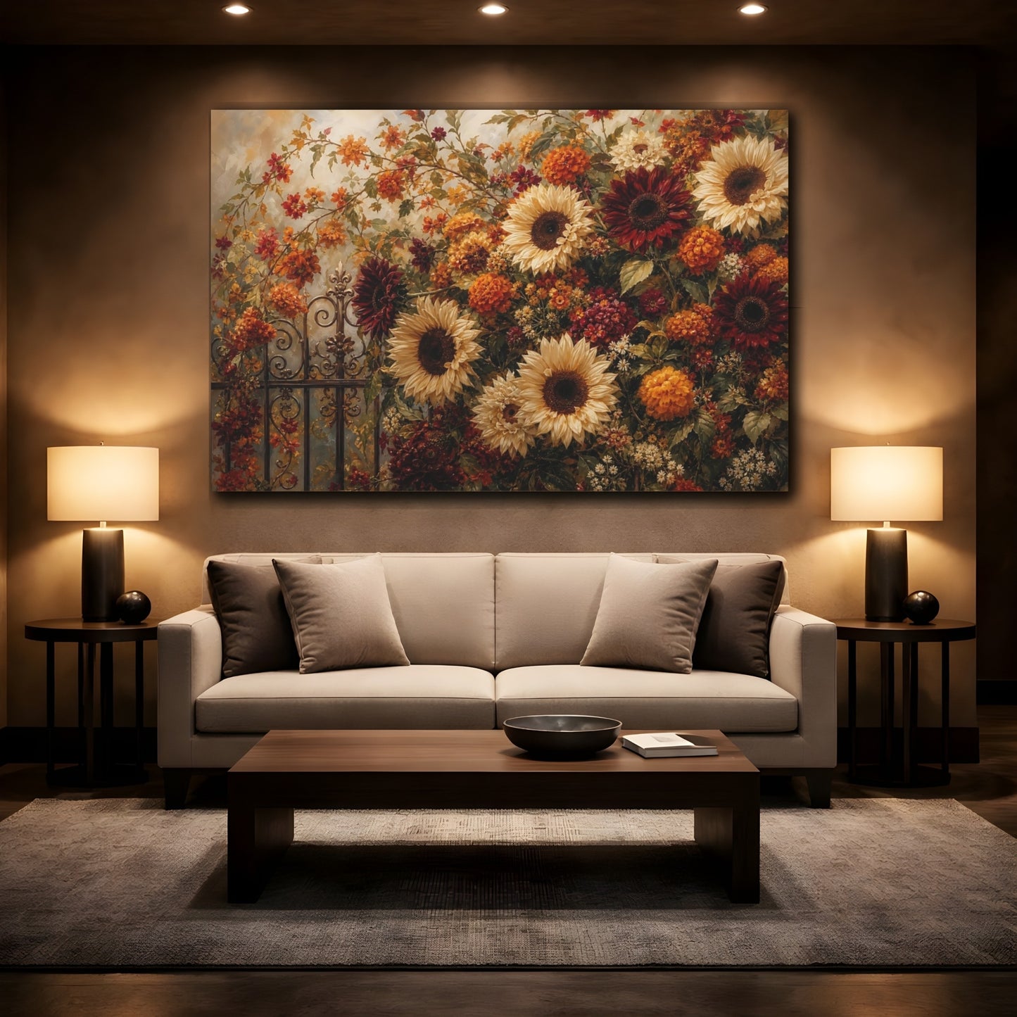 Mockup 2. Romantic Oil Painting Mixed Burgundy And Cream Sunflowers Marigolds Near Iron Gate shown as stretched canvas wall art