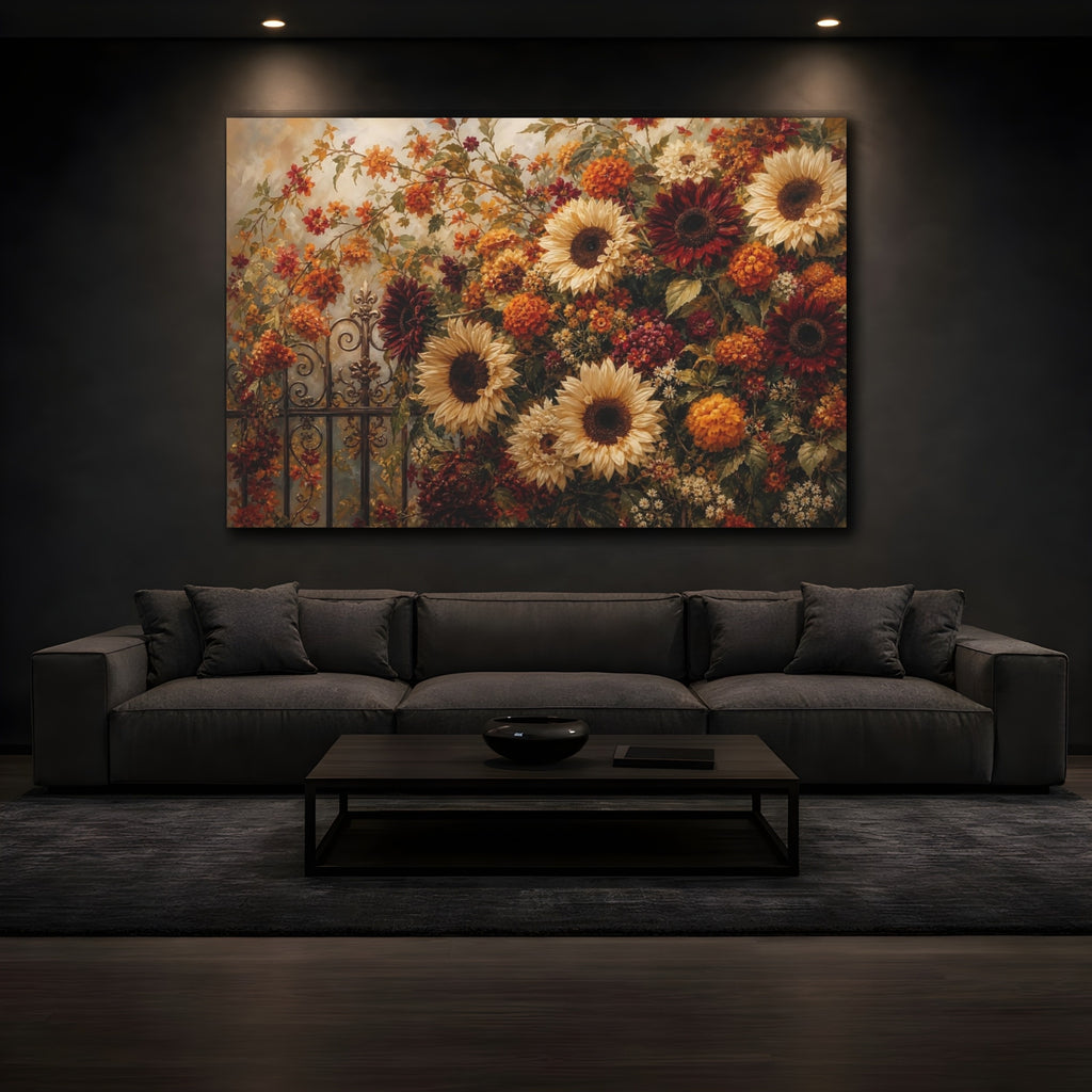 Mockup 3. Romantic Oil Painting Mixed Burgundy And Cream Sunflowers Marigolds Near Iron Gate shown as stretched canvas wall art