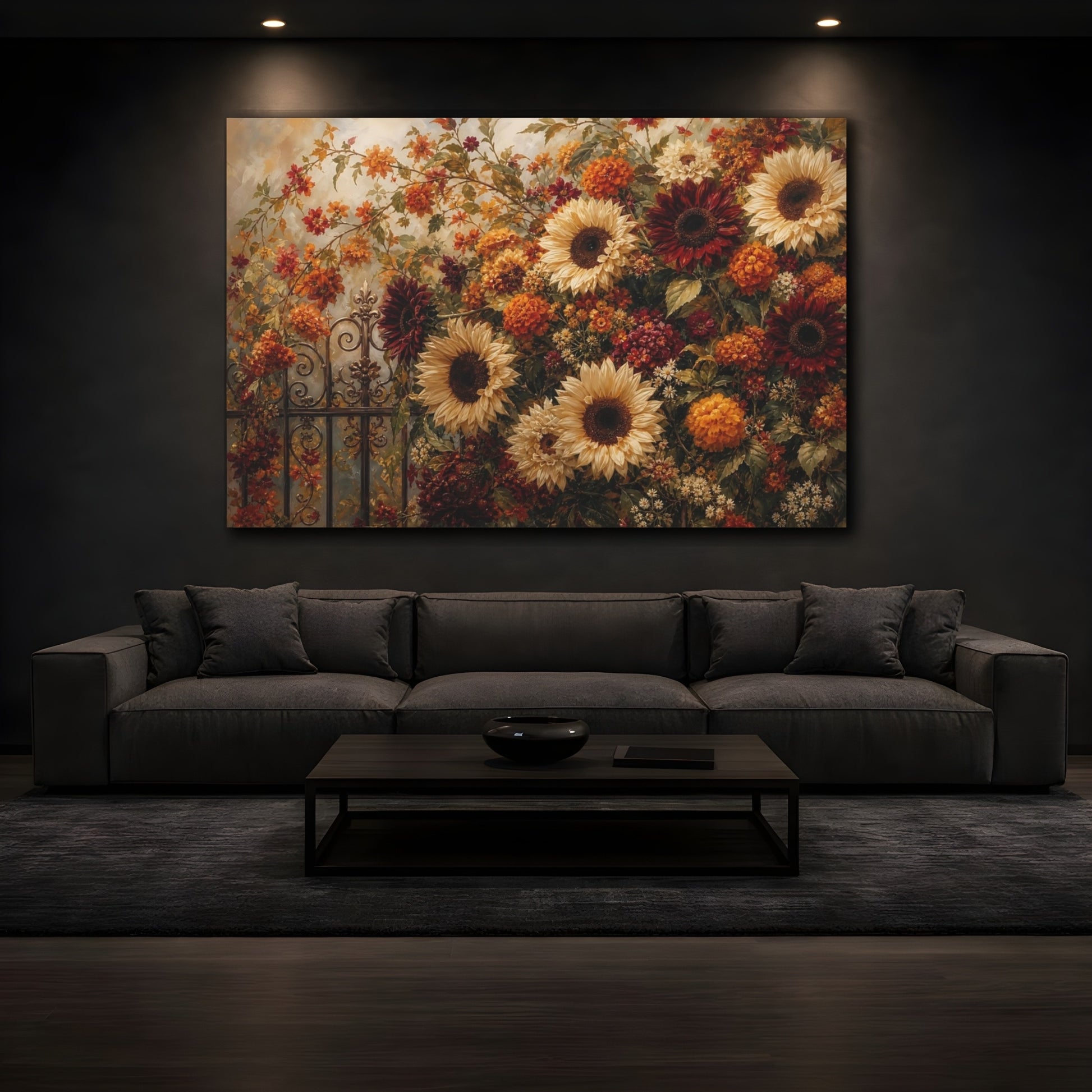 Mockup 3. Romantic Oil Painting Mixed Burgundy And Cream Sunflowers Marigolds Near Iron Gate shown as stretched canvas wall art