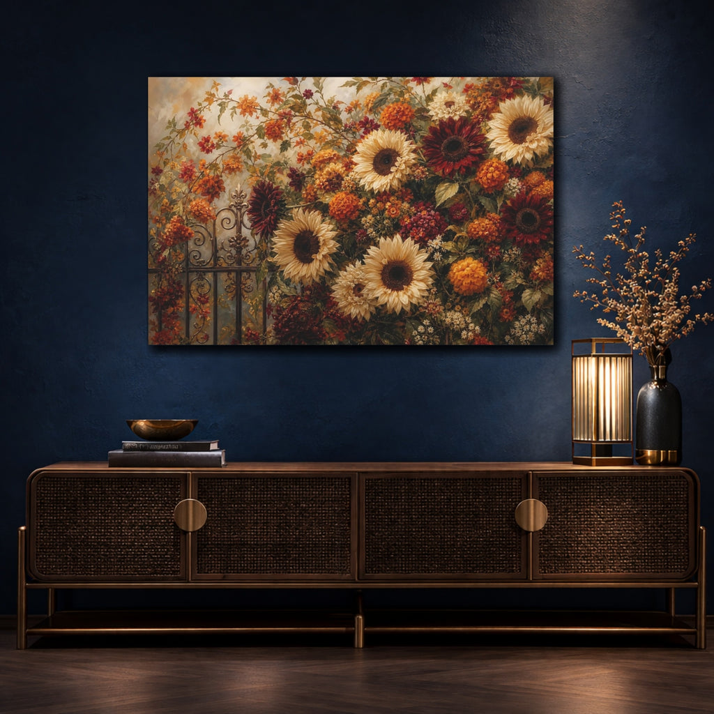 Mockup 4. Romantic Oil Painting Mixed Burgundy And Cream Sunflowers Marigolds Near Iron Gate shown as stretched canvas wall art