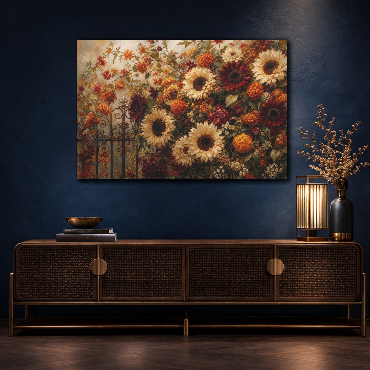 Mockup 4. Romantic Oil Painting Mixed Burgundy And Cream Sunflowers Marigolds Near Iron Gate shown as stretched canvas wall art