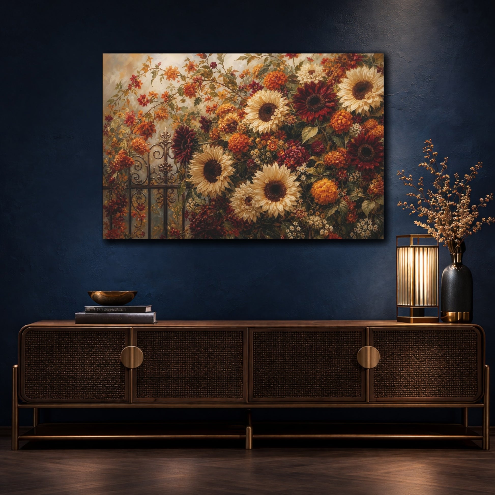 Mockup 4. Romantic Oil Painting Mixed Burgundy And Cream Sunflowers Marigolds Near Iron Gate shown as stretched canvas wall art