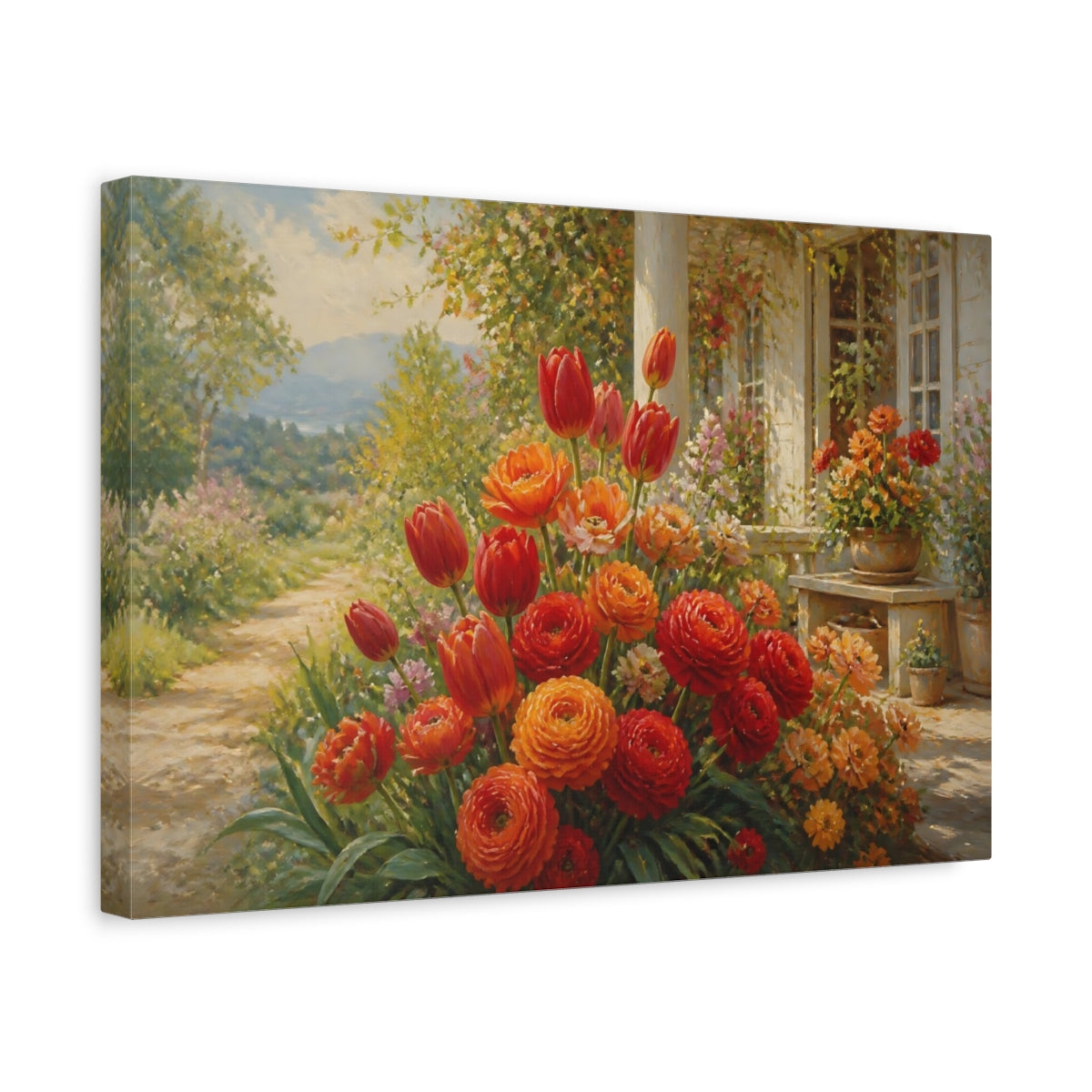 Side Mockup 4. Romantic Oil Painting Mixed Scarlet And Orange Tulips Ranunculus Near Cottage Porch shown as stretched canvas wall art