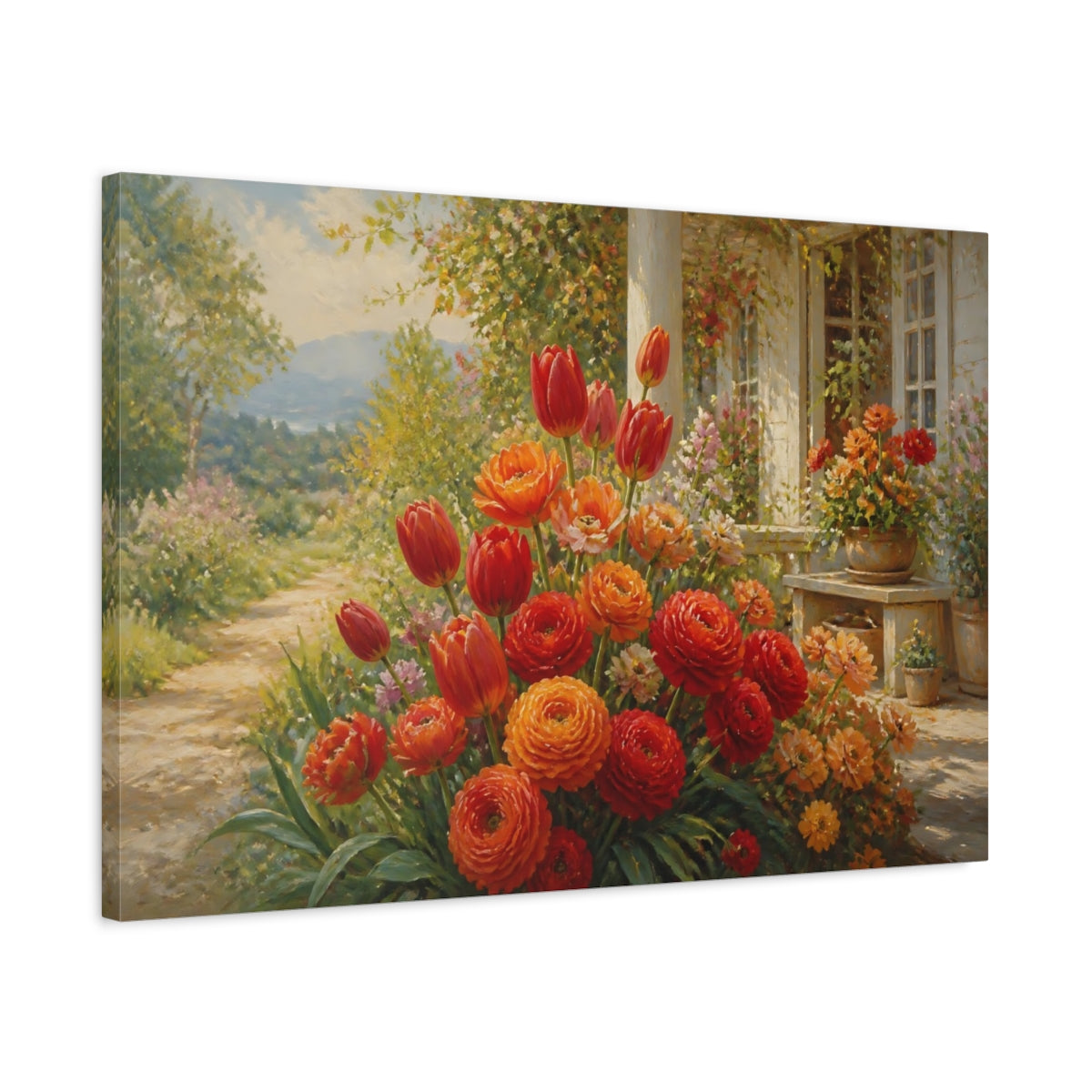 Side Mockup 2. Romantic Oil Painting Mixed Scarlet And Orange Tulips Ranunculus Near Cottage Porch shown as stretched canvas wall art