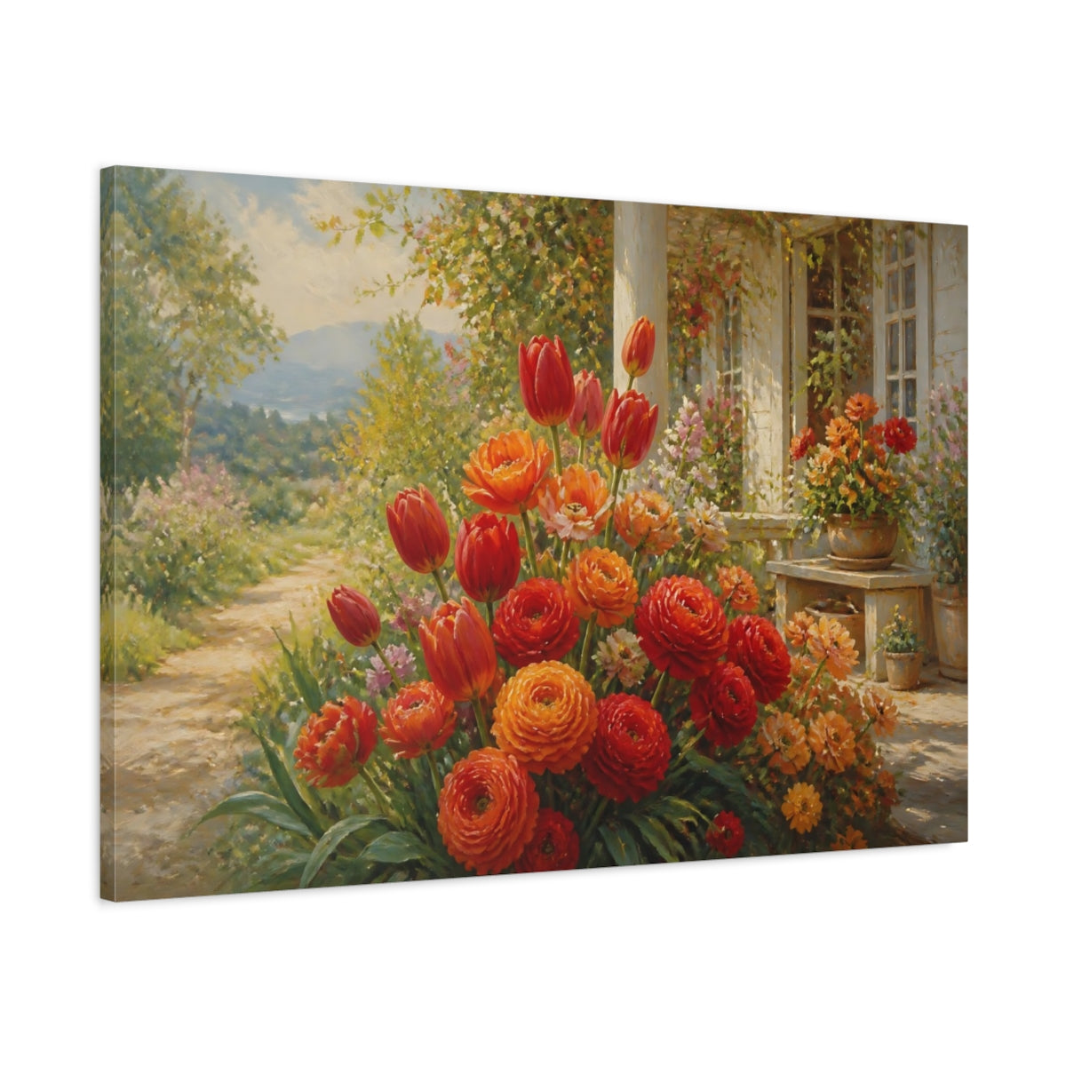 Main Mockup. Romantic Oil Painting Mixed Scarlet And Orange Tulips Ranunculus Near Cottage Porch shown as stretched canvas wall art