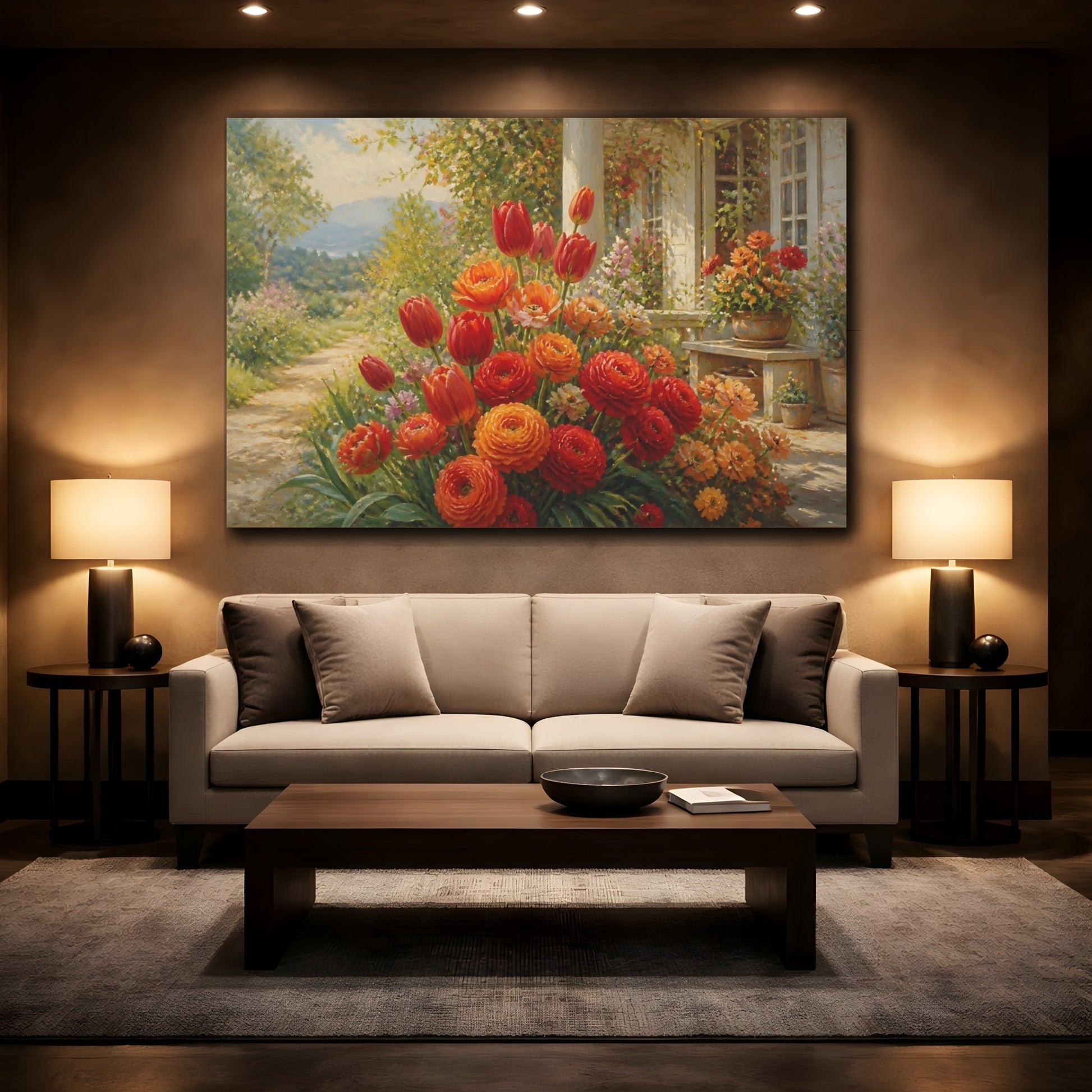 Mockup 2. Romantic Oil Painting Mixed Scarlet And Orange Tulips Ranunculus Near Cottage Porch shown as stretched canvas wall art