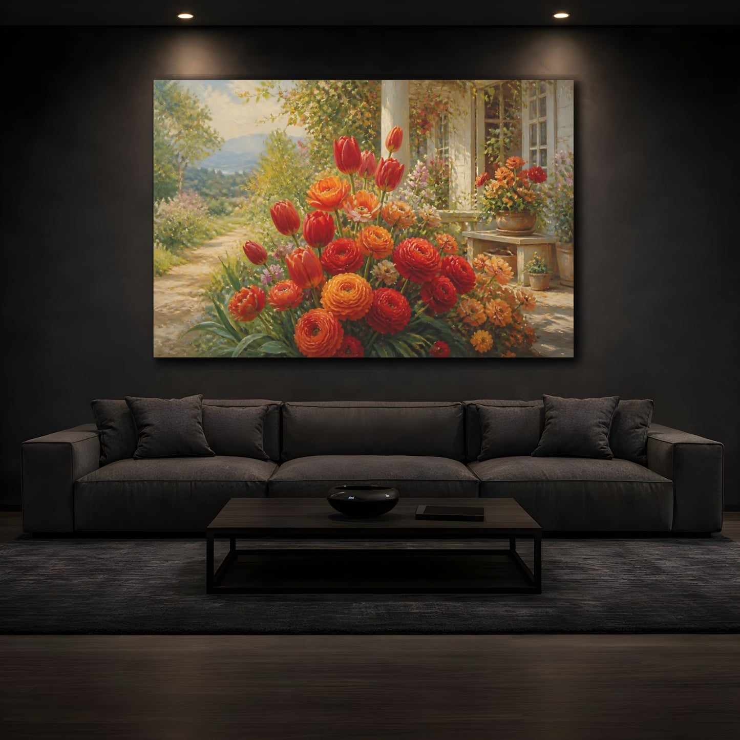 Mockup 3. Romantic Oil Painting Mixed Scarlet And Orange Tulips Ranunculus Near Cottage Porch shown as stretched canvas wall art