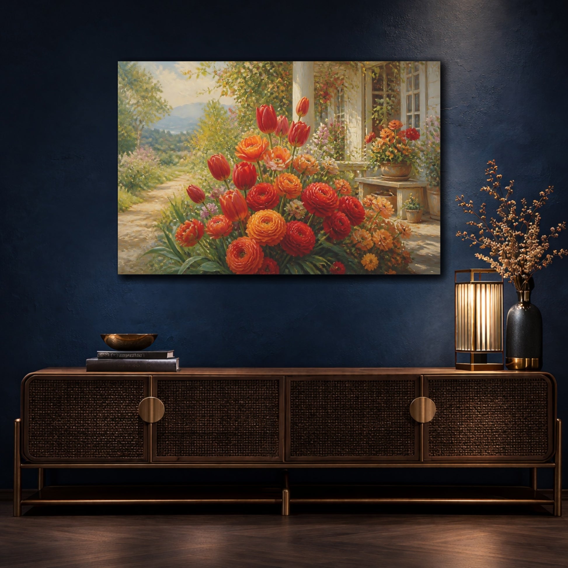 Mockup 4. Romantic Oil Painting Mixed Scarlet And Orange Tulips Ranunculus Near Cottage Porch shown as stretched canvas wall art