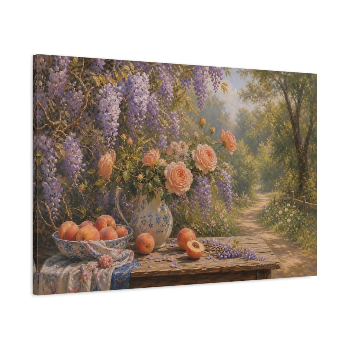 Main Mockup. Romantic Oil Painting Peach Wisteria Vines Against Woodland Path shown as stretched canvas wall art