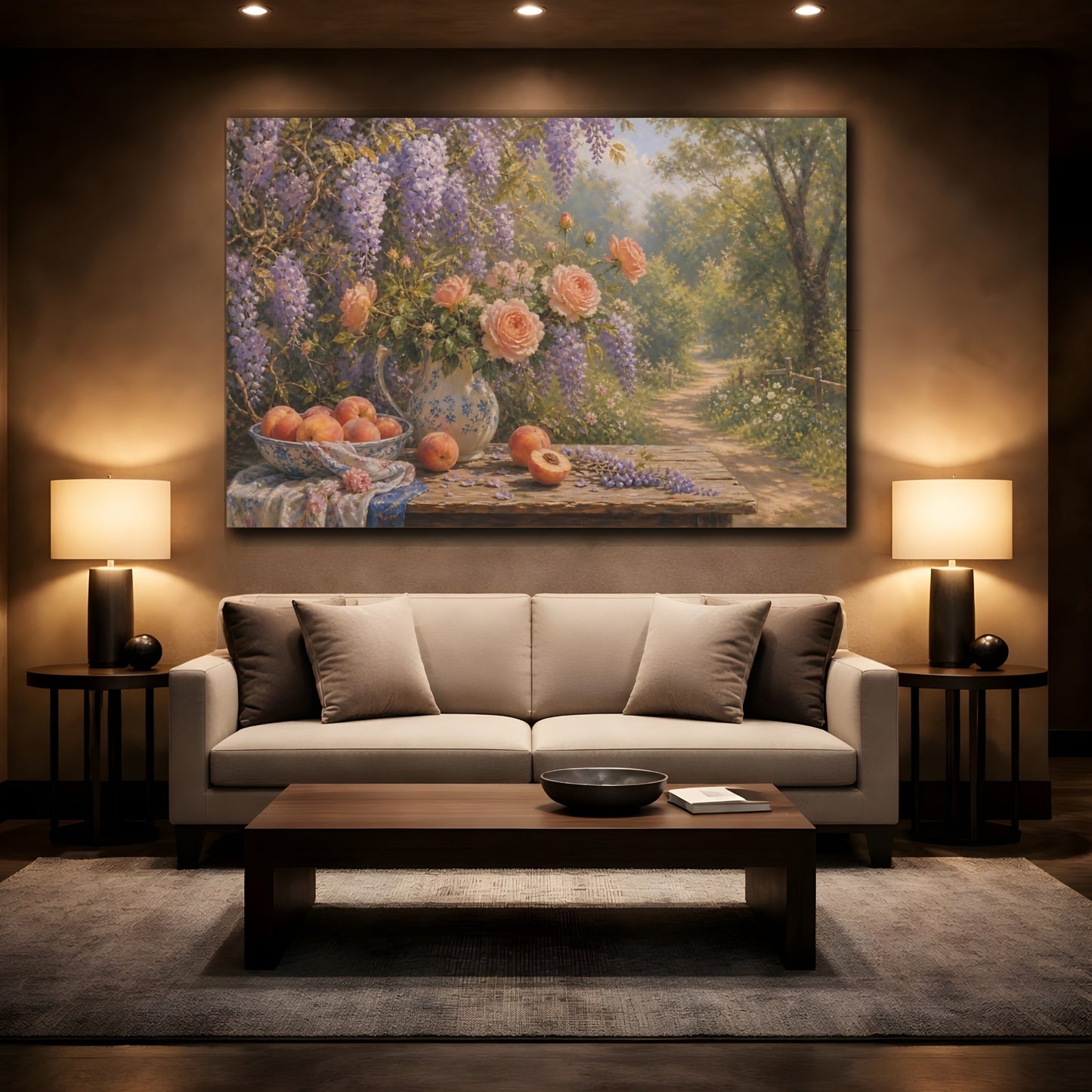 Mockup 2. Romantic Oil Painting Peach Wisteria Vines Against Woodland Path shown as stretched canvas wall art
