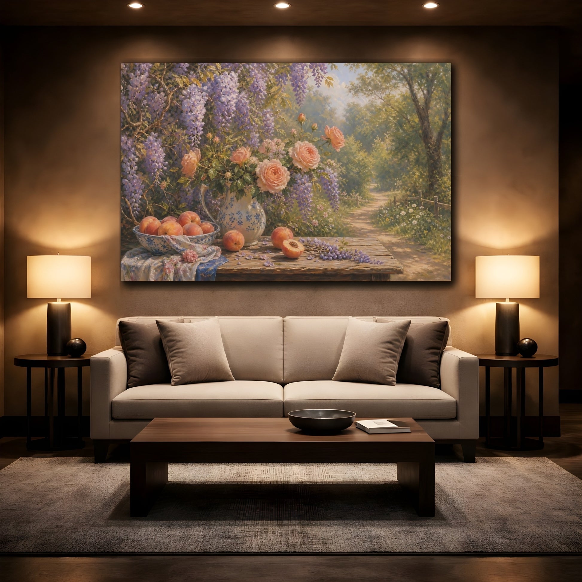 Mockup 2. Romantic Oil Painting Peach Wisteria Vines Against Woodland Path shown as stretched canvas wall art
