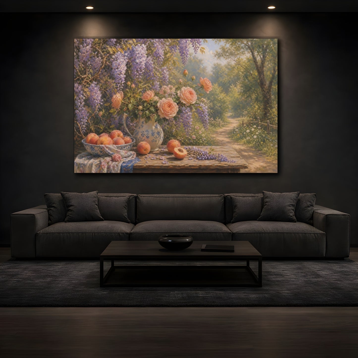 Mockup 3. Romantic Oil Painting Peach Wisteria Vines Against Woodland Path shown as stretched canvas wall art