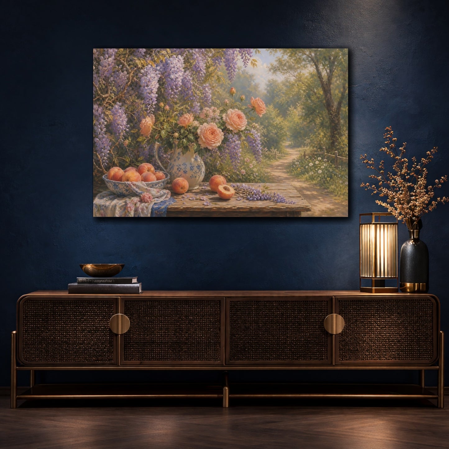 Mockup 4. Romantic Oil Painting Peach Wisteria Vines Against Woodland Path shown as stretched canvas wall art