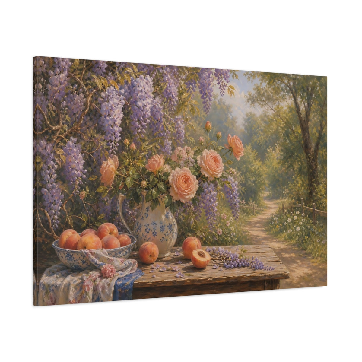 Side Mockup 1. Romantic Oil Painting Peach Wisteria Vines Against Woodland Path shown as stretched canvas wall art