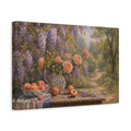 Side Mockup 4. Romantic Oil Painting Peach Wisteria Vines Against Woodland Path shown as stretched canvas wall art