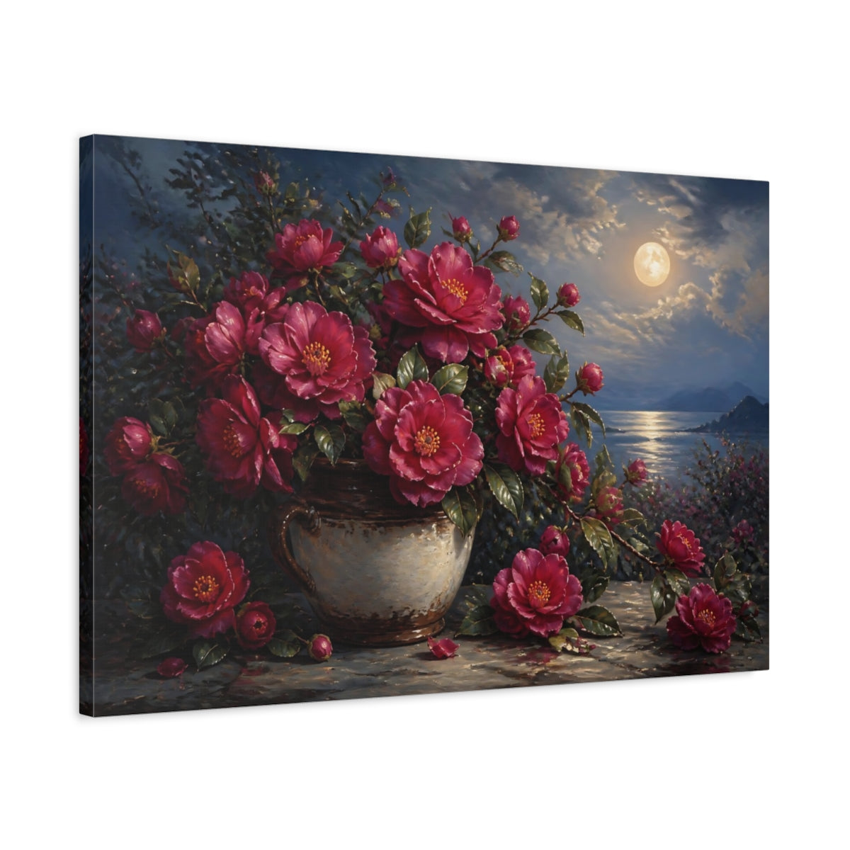 Side Mockup 2. Romantic Oil Painting Plum Camellias In Rustic Crock Under Moonlit Air shown as stretched canvas wall art