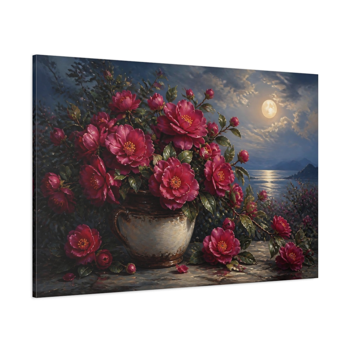 Side Mockup 1. Romantic Oil Painting Plum Camellias In Rustic Crock Under Moonlit Air shown as stretched canvas wall art