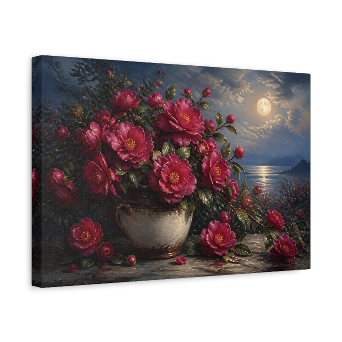 Side Mockup 4. Romantic Oil Painting Plum Camellias In Rustic Crock Under Moonlit Air shown as stretched canvas wall art
