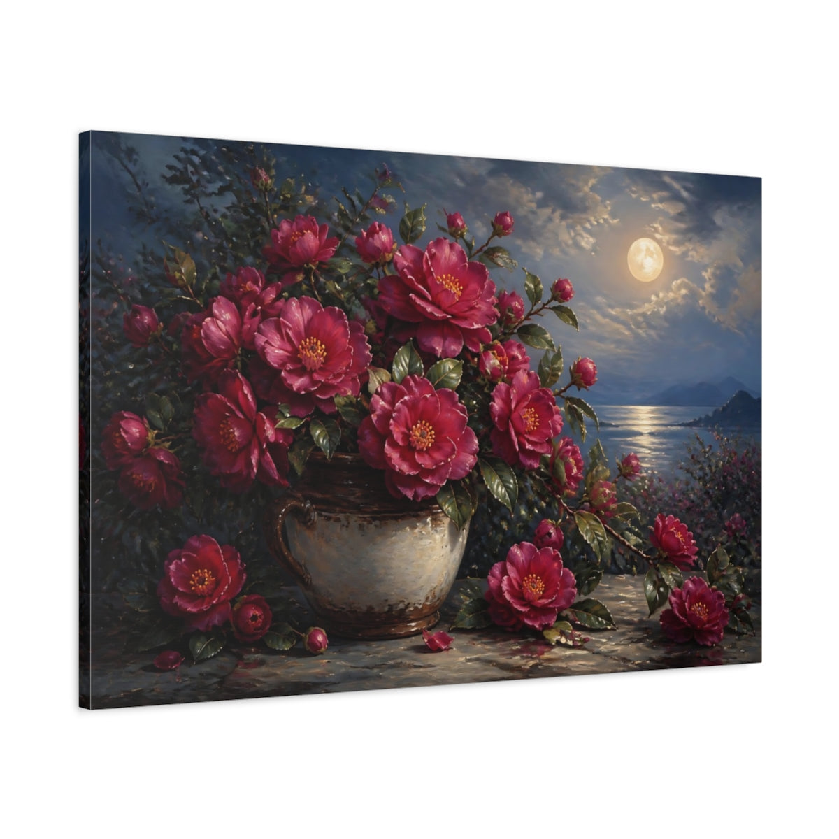 Main Mockup. Romantic Oil Painting Plum Camellias In Rustic Crock Under Moonlit Air shown as stretched canvas wall art