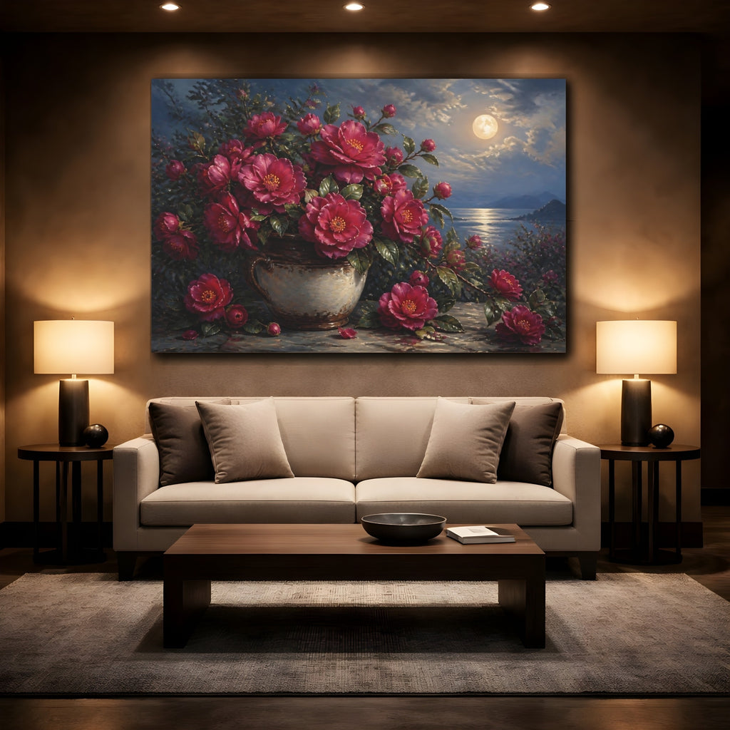 Mockup 2. Romantic Oil Painting Plum Camellias In Rustic Crock Under Moonlit Air shown as stretched canvas wall art