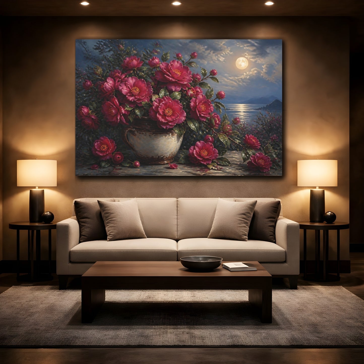 Mockup 2. Romantic Oil Painting Plum Camellias In Rustic Crock Under Moonlit Air shown as stretched canvas wall art