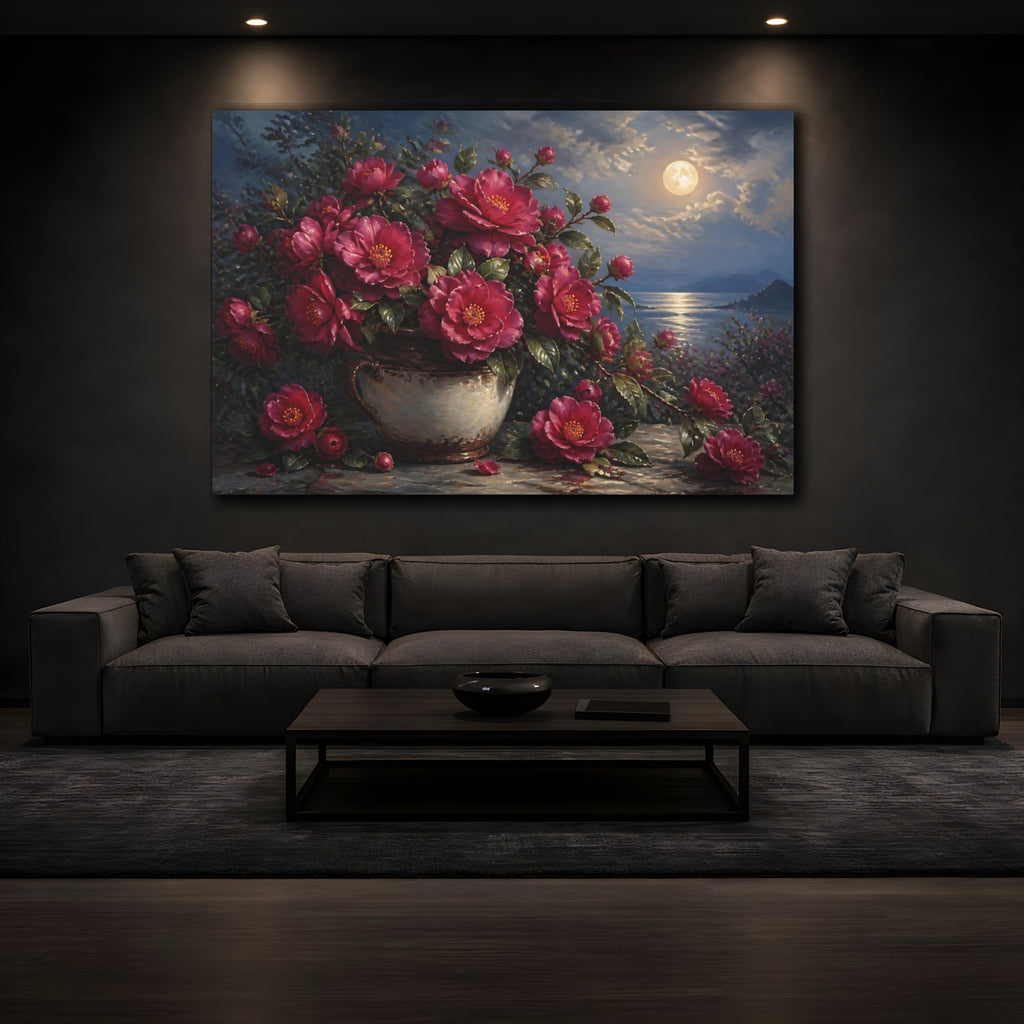 Mockup 3. Romantic Oil Painting Plum Camellias In Rustic Crock Under Moonlit Air shown as stretched canvas wall art