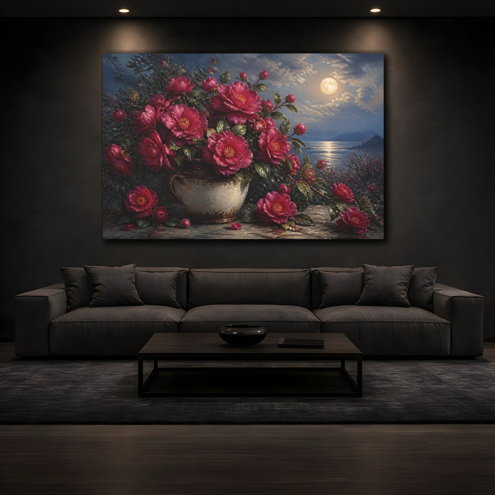 Mockup 3. Romantic Oil Painting Plum Camellias In Rustic Crock Under Moonlit Air shown as stretched canvas wall art