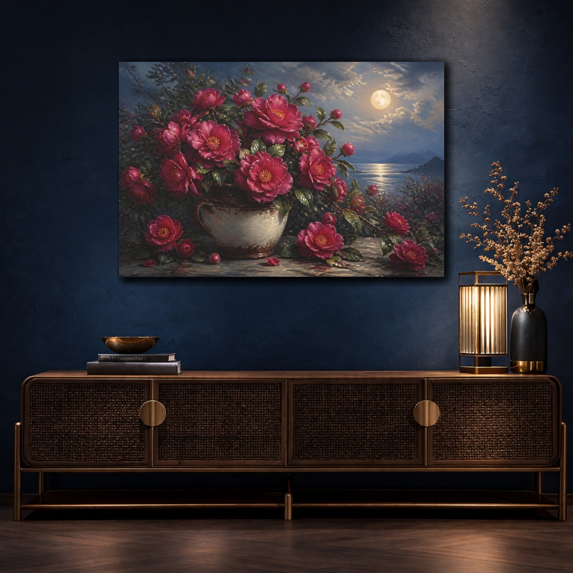Mockup 4. Romantic Oil Painting Plum Camellias In Rustic Crock Under Moonlit Air shown as stretched canvas wall art