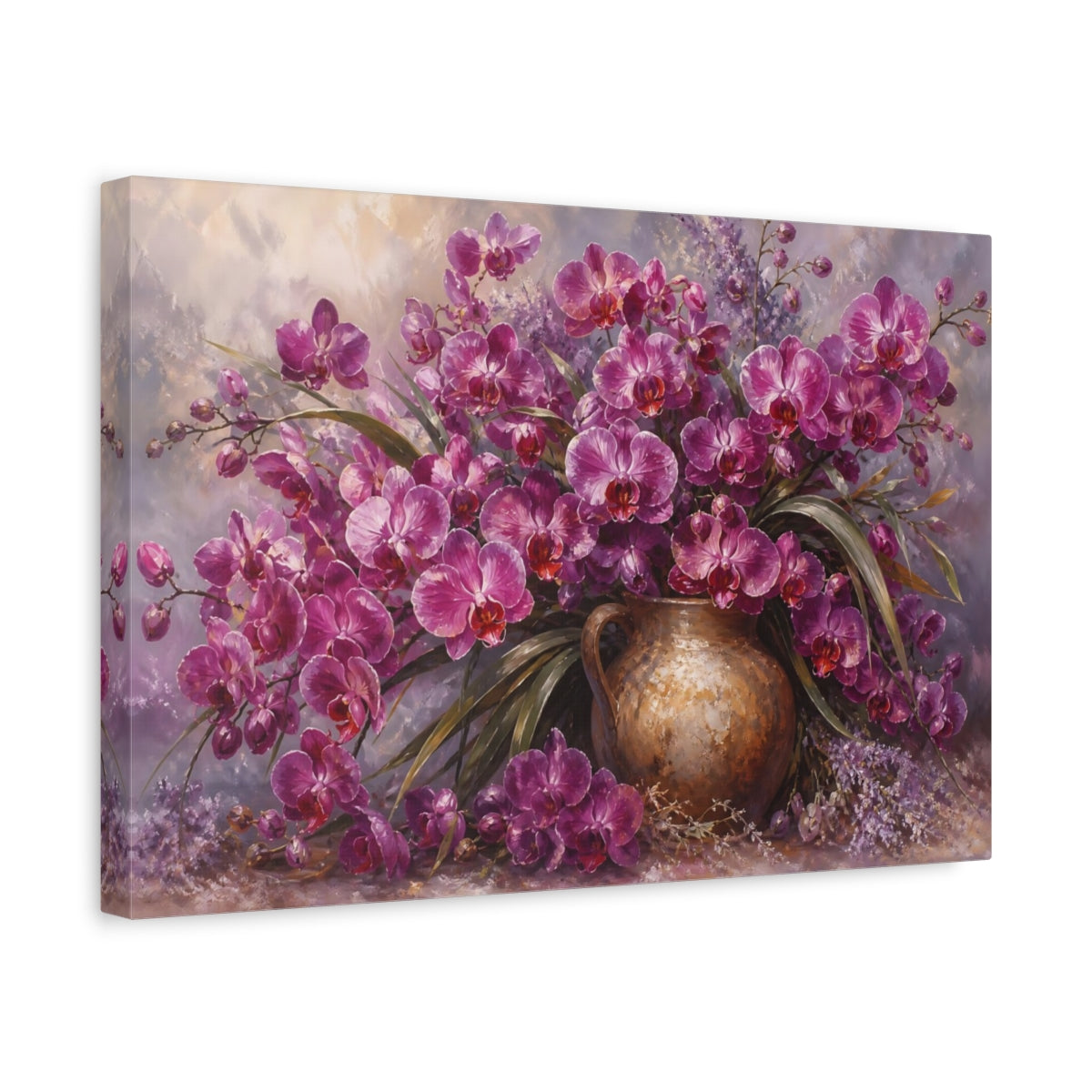 Side Mockup 4. Romantic Oil Painting Plum Orchids In Earthen Jug With Silver Mist shown as stretched canvas wall art