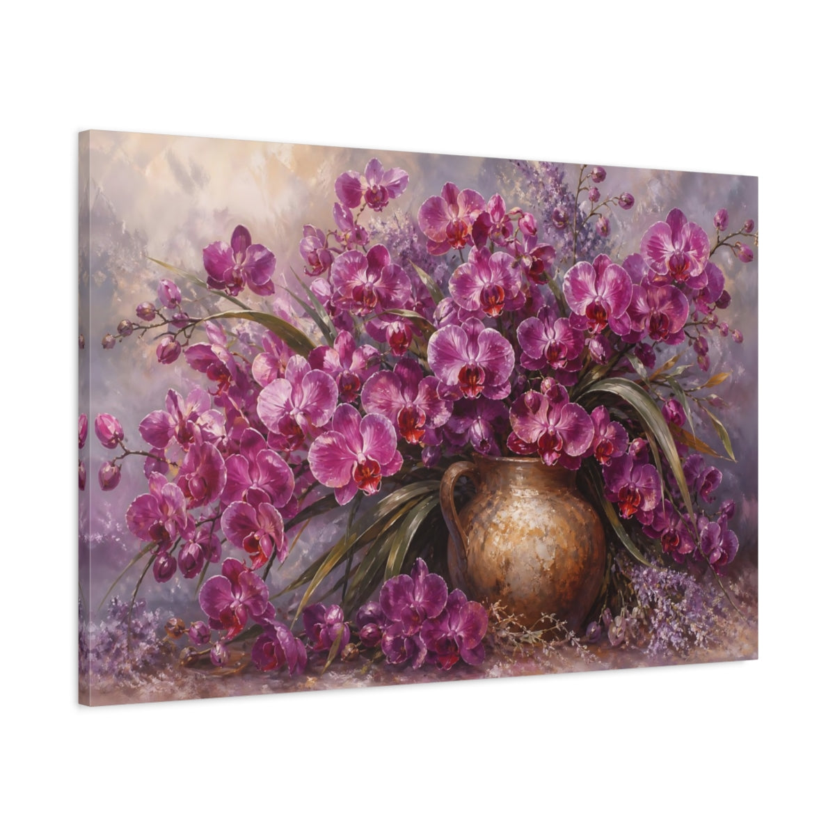Main Mockup. Romantic Oil Painting Plum Orchids In Earthen Jug With Silver Mist shown as stretched canvas wall art