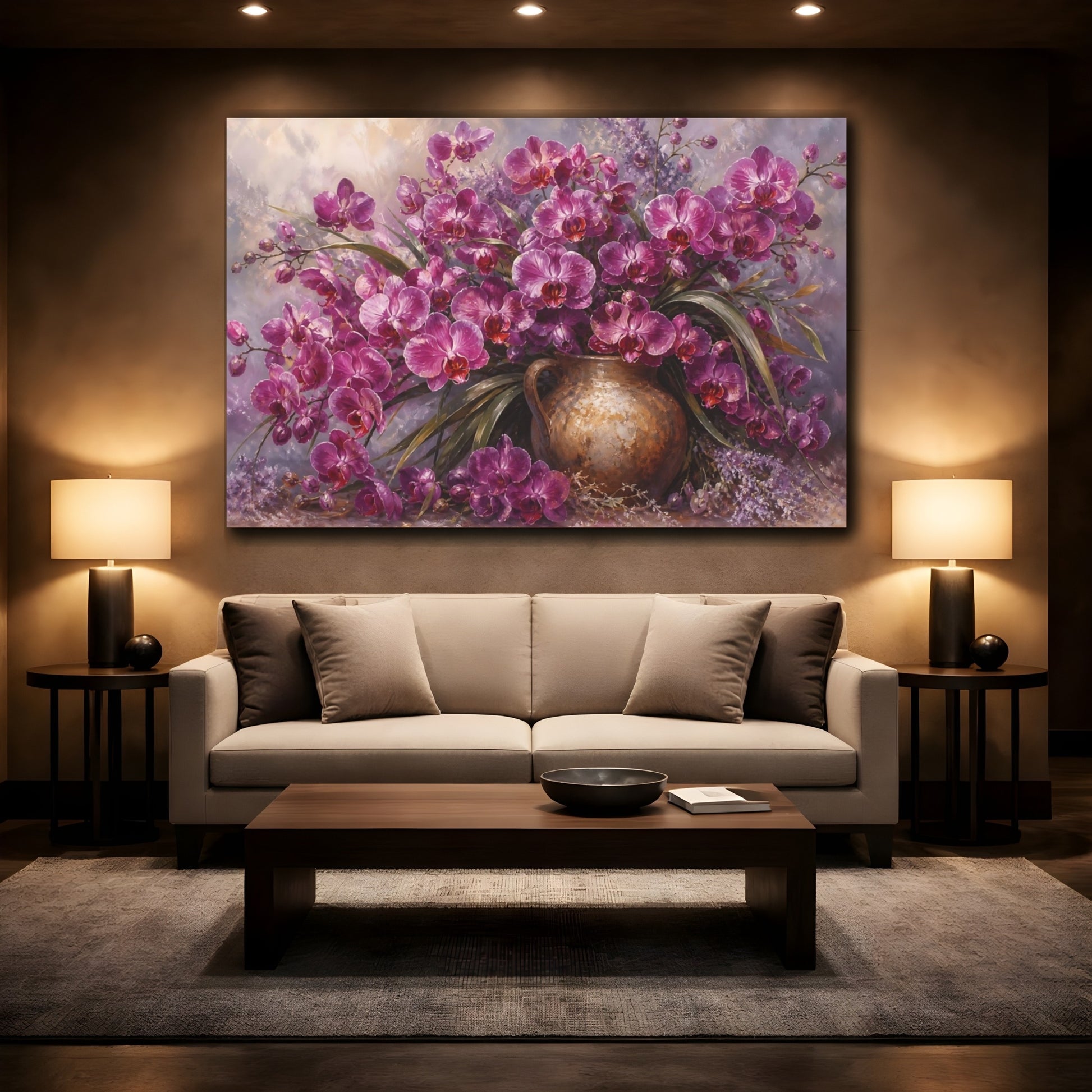 Mockup 2. Romantic Oil Painting Plum Orchids In Earthen Jug With Silver Mist shown as stretched canvas wall art