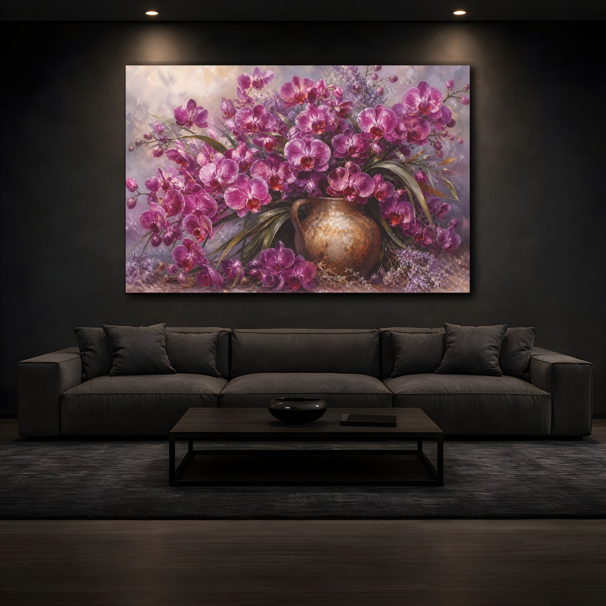 Mockup 3. Romantic Oil Painting Plum Orchids In Earthen Jug With Silver Mist shown as stretched canvas wall art