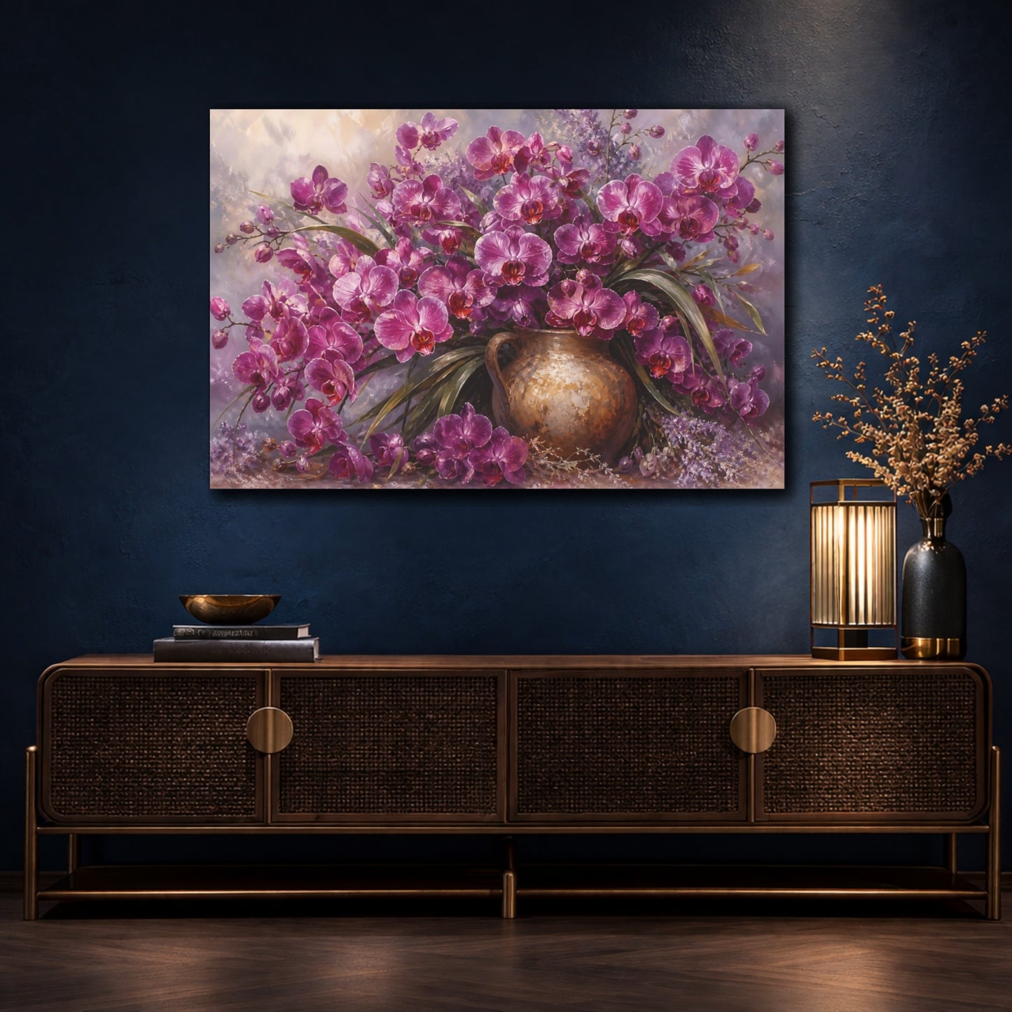 Mockup 4. Romantic Oil Painting Plum Orchids In Earthen Jug With Silver Mist shown as stretched canvas wall art