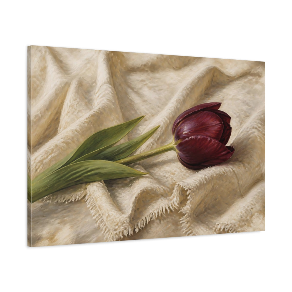 Main Mockup. Romantic Oil Painting Single Burgundy Tulip Against Linen Cloth shown as stretched canvas wall art