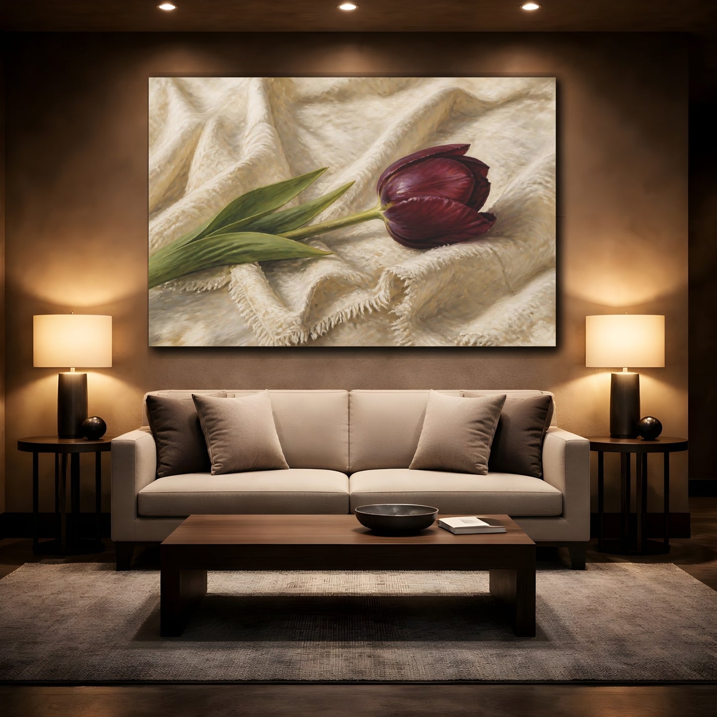 Mockup 2. Romantic Oil Painting Single Burgundy Tulip Against Linen Cloth shown as stretched canvas wall art