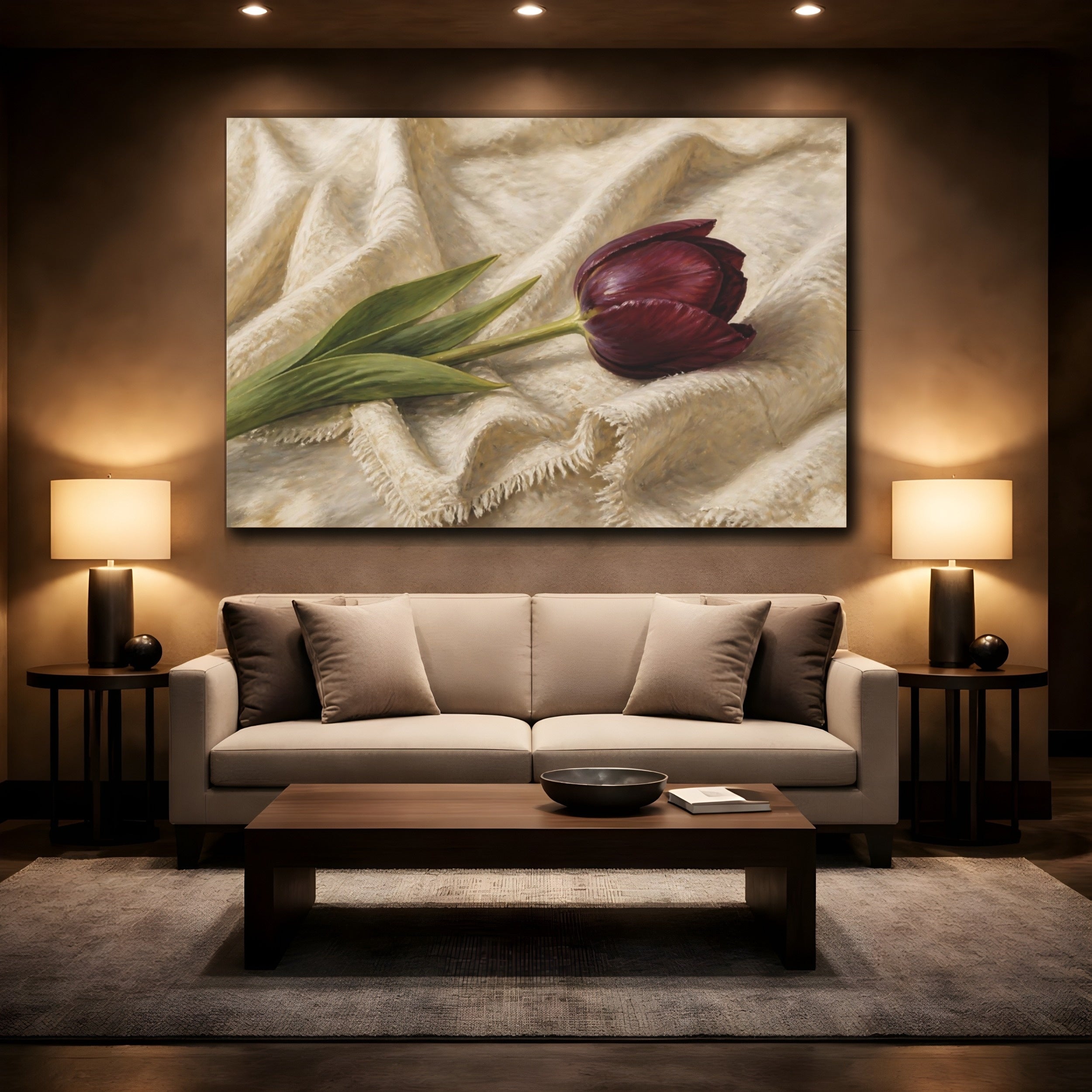 Mockup 2. Romantic Oil Painting Single Burgundy Tulip Against Linen Cloth shown as stretched canvas wall art