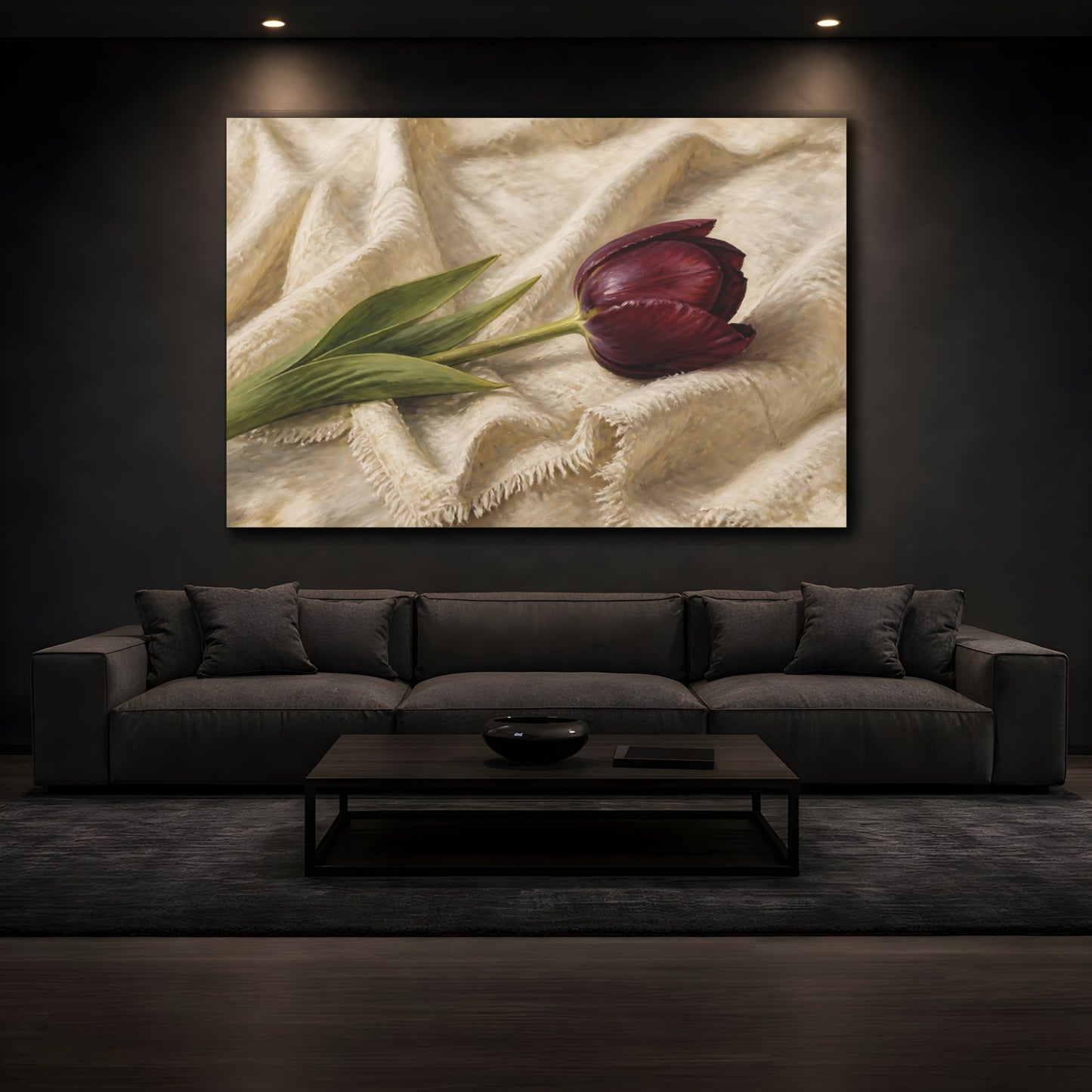 Mockup 3. Romantic Oil Painting Single Burgundy Tulip Against Linen Cloth shown as stretched canvas wall art