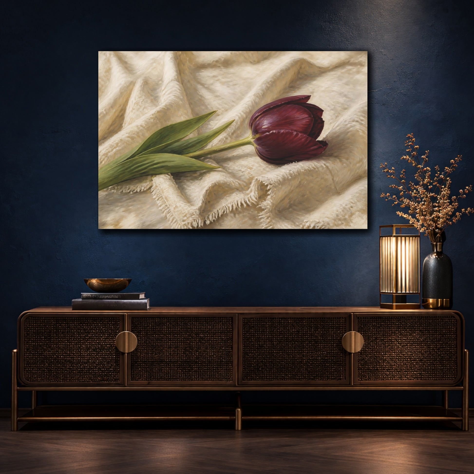 Mockup 4. Romantic Oil Painting Single Burgundy Tulip Against Linen Cloth shown as stretched canvas wall art
