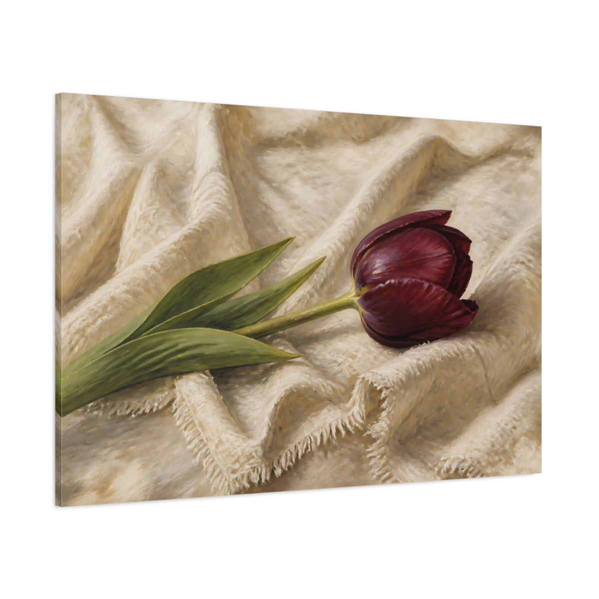 Side Mockup 1. Romantic Oil Painting Single Burgundy Tulip Against Linen Cloth shown as stretched canvas wall art