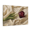 Side Mockup 4. Romantic Oil Painting Single Burgundy Tulip Against Linen Cloth shown as stretched canvas wall art