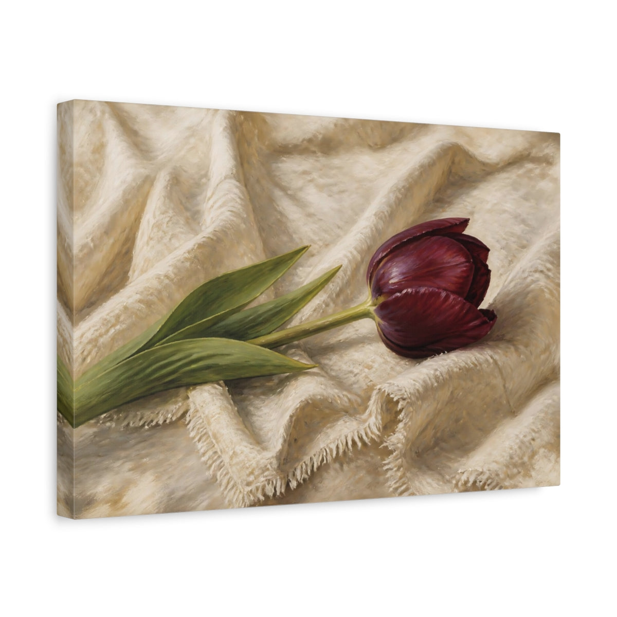 Side Mockup 4. Romantic Oil Painting Single Burgundy Tulip Against Linen Cloth shown as stretched canvas wall art