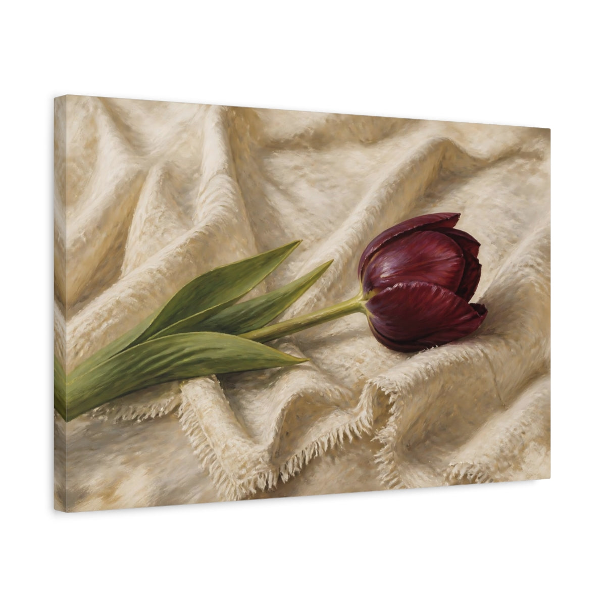 Side Mockup 3. Romantic Oil Painting Single Burgundy Tulip Against Linen Cloth shown as stretched canvas wall art