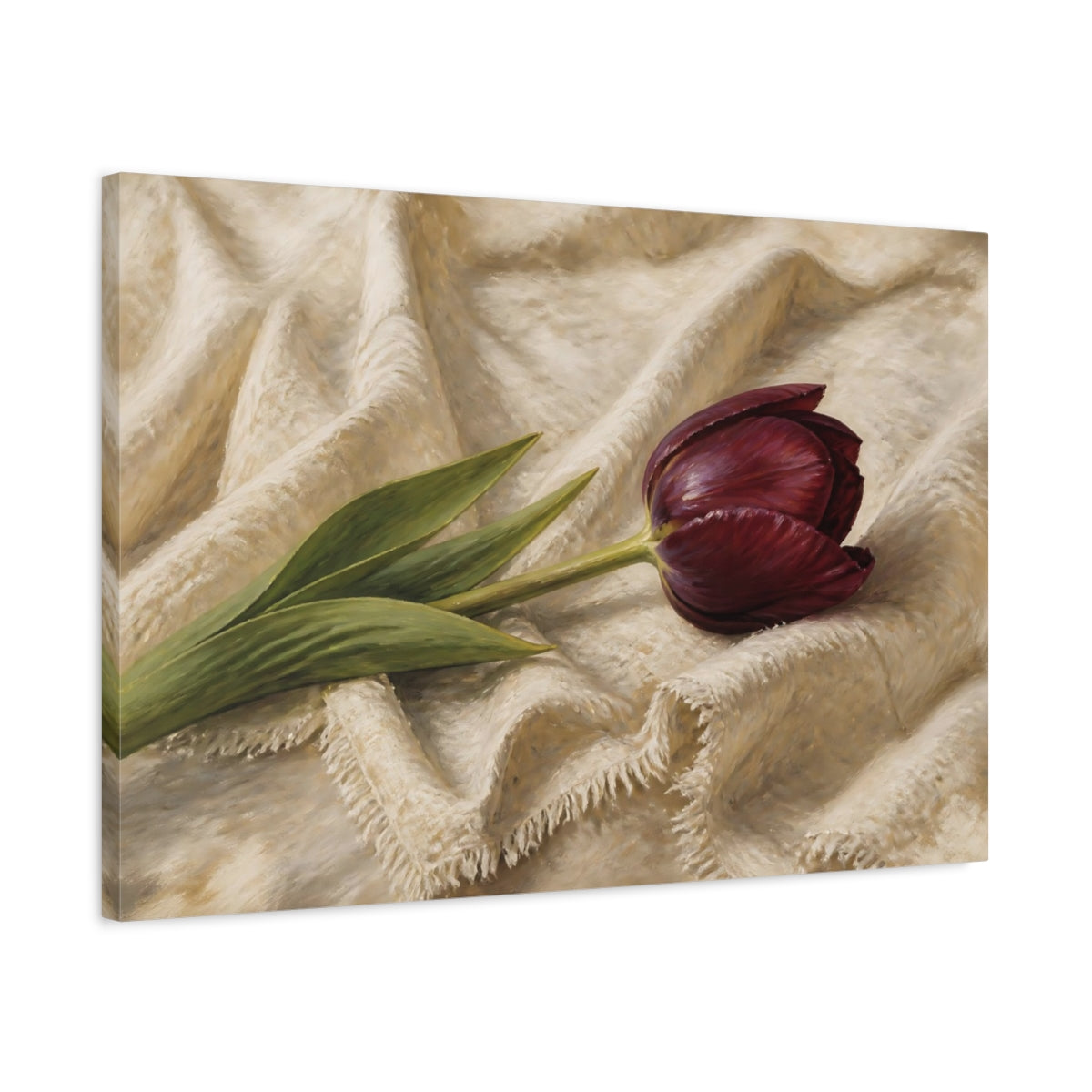 Side Mockup 2. Romantic Oil Painting Single Burgundy Tulip Against Linen Cloth shown as stretched canvas wall art