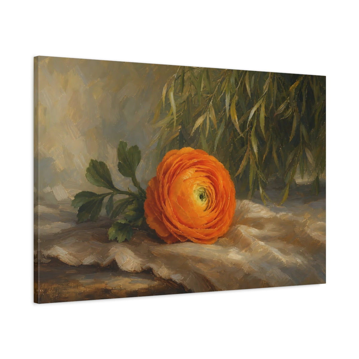 Main Mockup. Romantic Oil Painting Single Orange Ranunculus Against Willow Shade shown as stretched canvas wall art