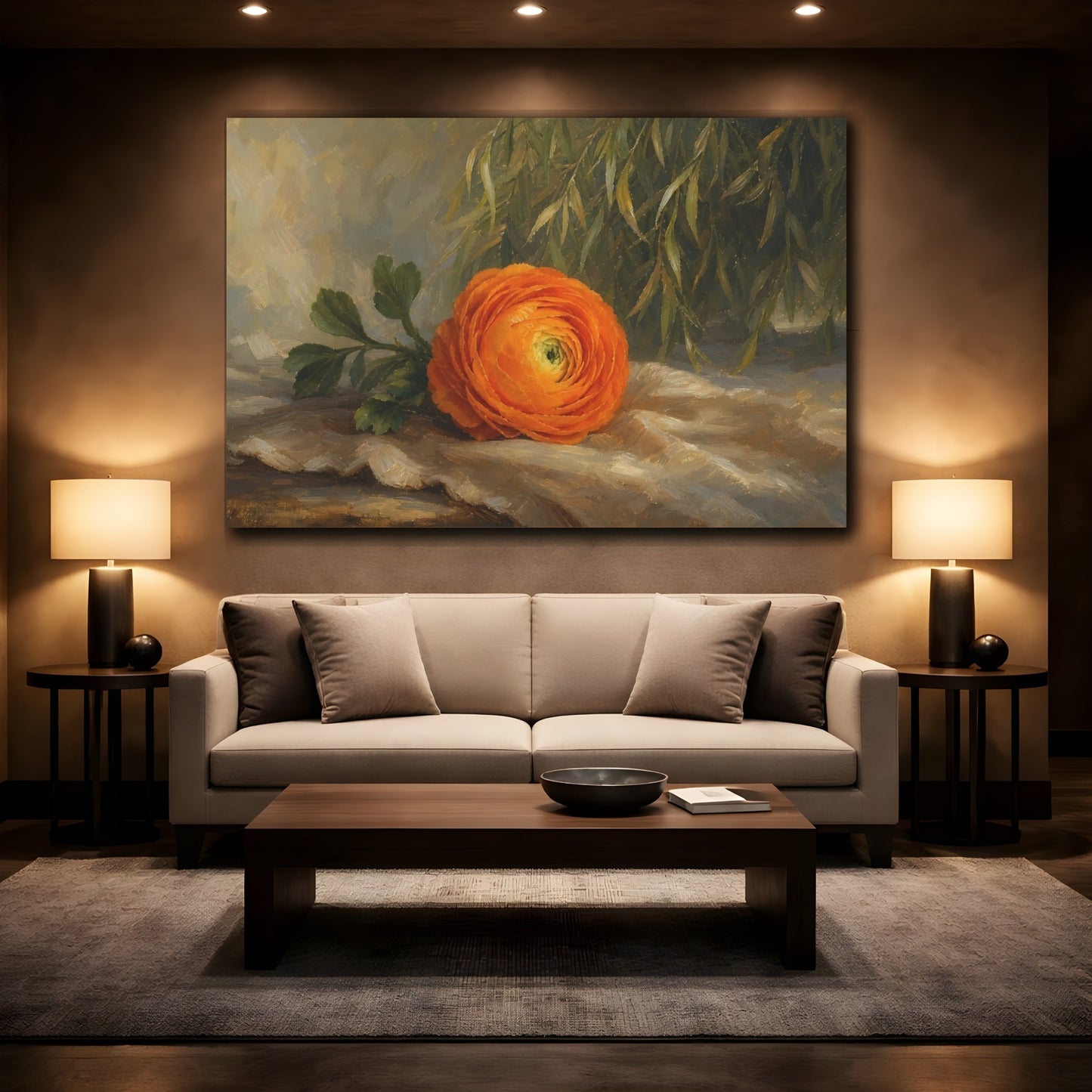 Mockup 2. Romantic Oil Painting Single Orange Ranunculus Against Willow Shade shown as stretched canvas wall art