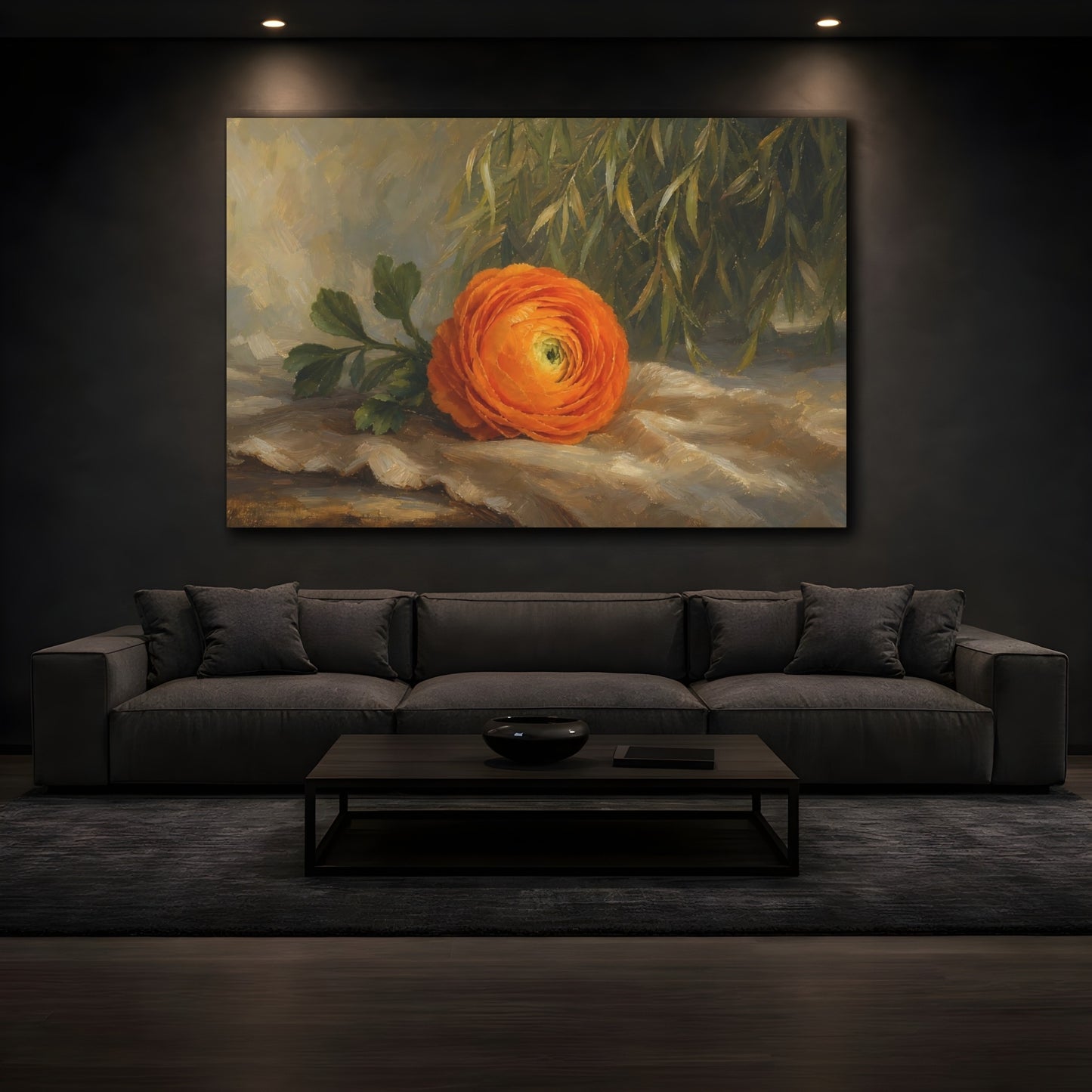 Mockup 3. Romantic Oil Painting Single Orange Ranunculus Against Willow Shade shown as stretched canvas wall art