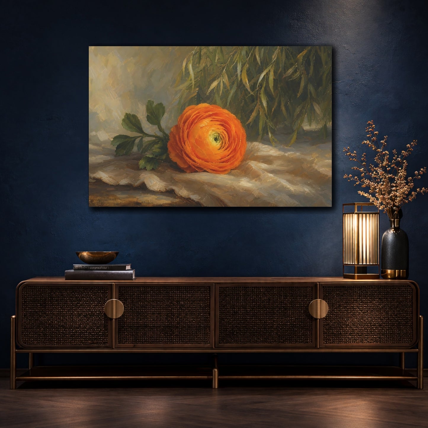 Mockup 4. Romantic Oil Painting Single Orange Ranunculus Against Willow Shade shown as stretched canvas wall art
