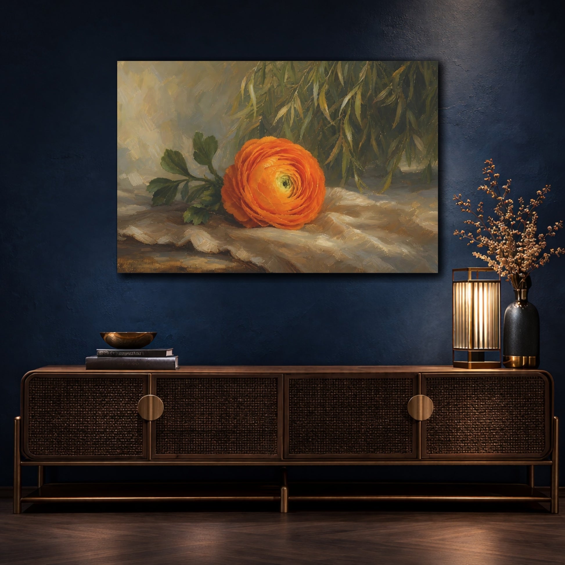 Mockup 4. Romantic Oil Painting Single Orange Ranunculus Against Willow Shade shown as stretched canvas wall art