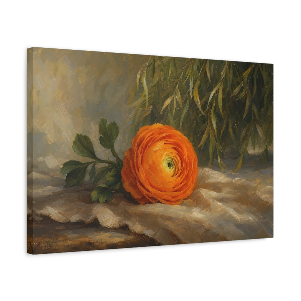 Side Mockup 3. Romantic Oil Painting Single Orange Ranunculus Against Willow Shade shown as stretched canvas wall art